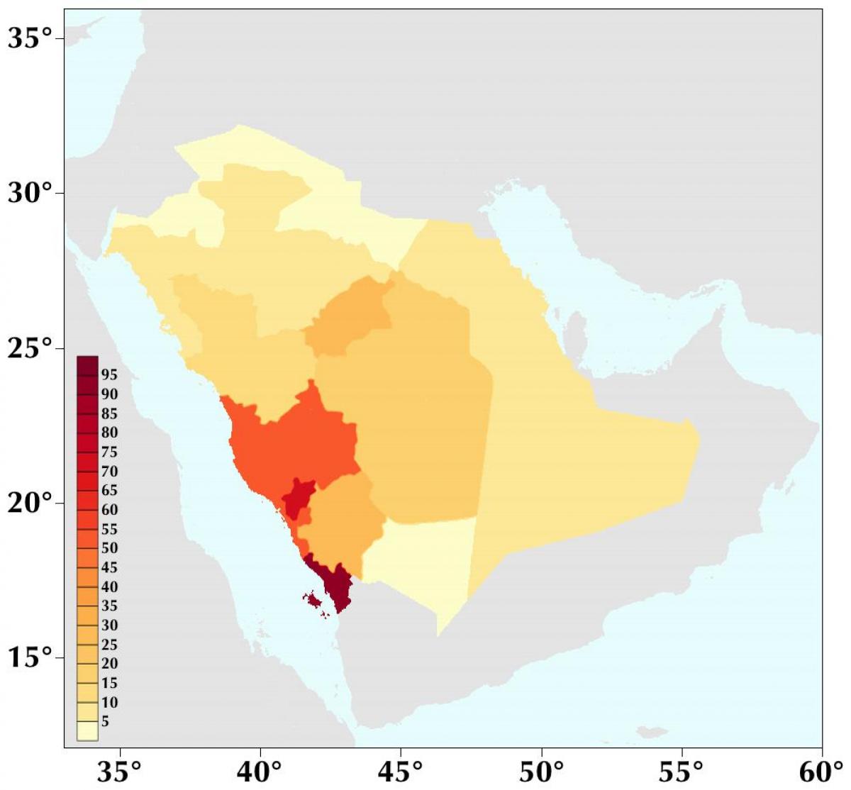 Arabia Saudita densità di popolazione mappa