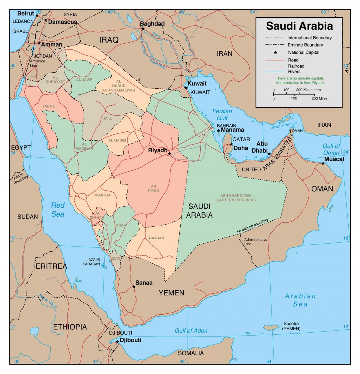 Mappa di contorno dell'Arabia Saudita e paesi limitrofi