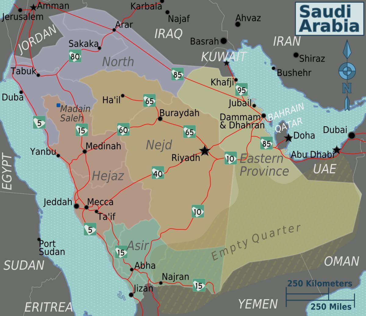 Mappa di Arabia Saudita con le città di distanza