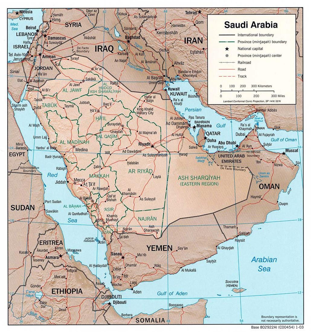Mappa di Arabia Saudita con la città su strada