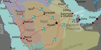 Mappa di Arabia Saudita con le città di distanza